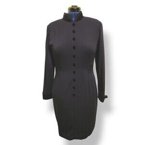 Donna Ricco New York Vintage Navy Blue Rayon / Wool Black Corduroy Trim Dress 10